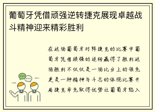 葡萄牙凭借顽强逆转捷克展现卓越战斗精神迎来精彩胜利