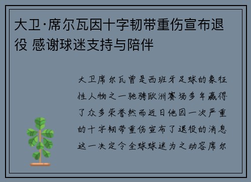 大卫·席尔瓦因十字韧带重伤宣布退役 感谢球迷支持与陪伴 大卫·席尔瓦因十字韧带重伤宣布退役 感谢球迷支持与陪伴