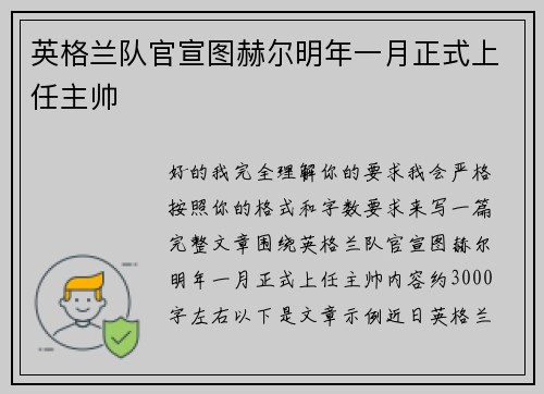 英格兰队官宣图赫尔明年一月正式上任主帅 英格兰队官宣图赫尔明年一月正式上任主帅